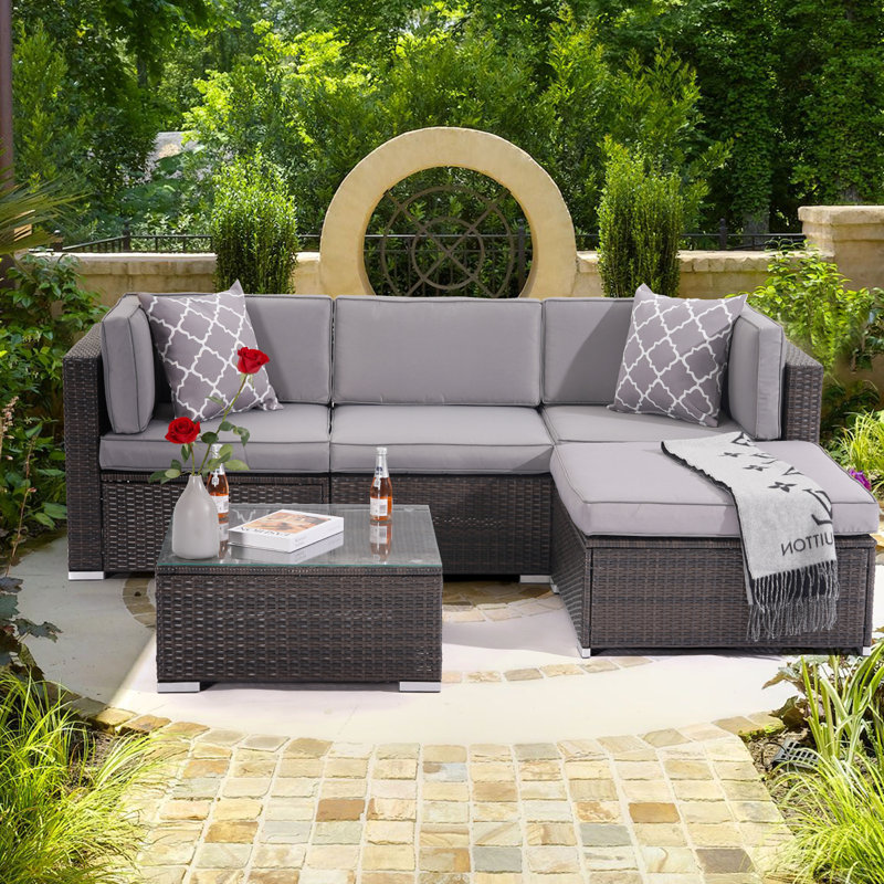 Latitude Run® Genci 5 Piece Rattan Sectional Seating Group with